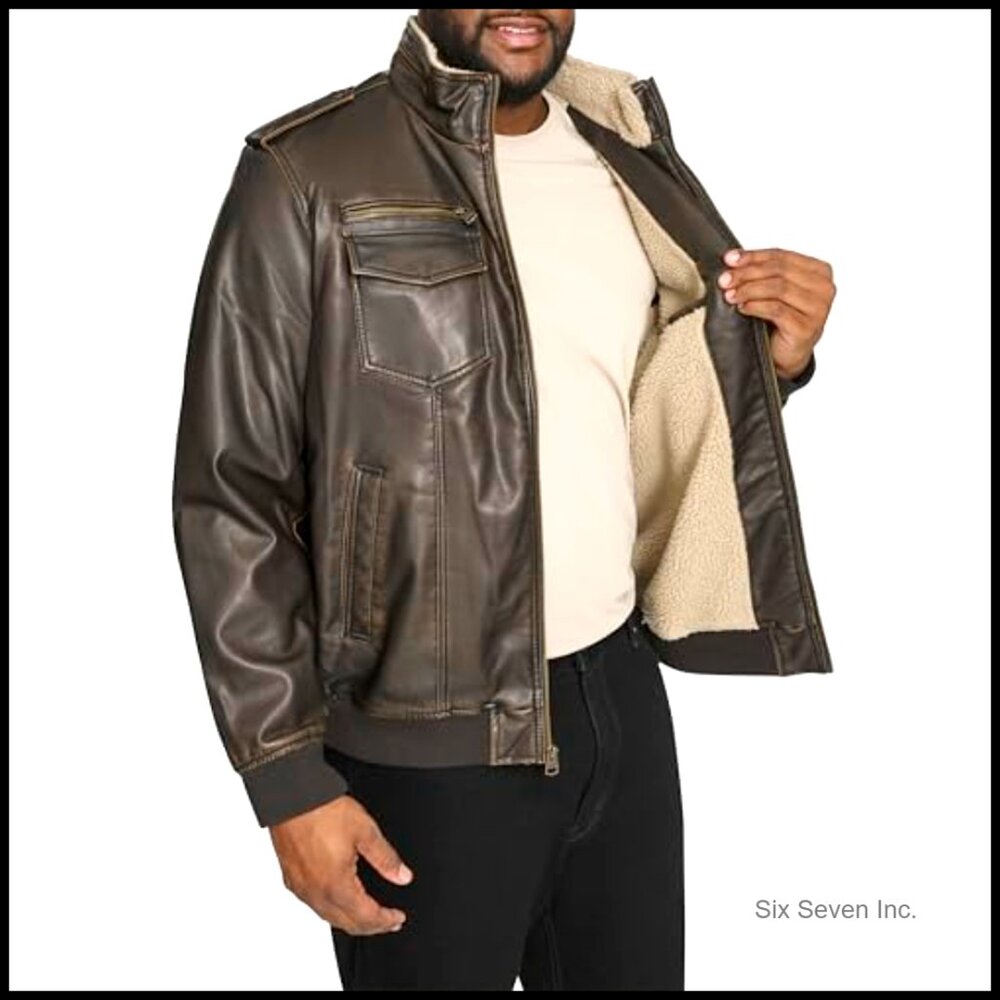 Vintage Faux Leather Aviator Bomber Jacket with Sherpa Lining - Picture 6 of 7